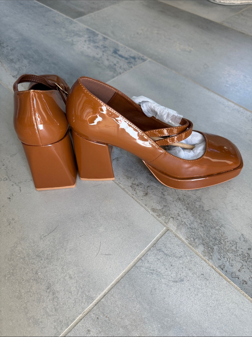 Patent Mary Jane Block Heel Pumps - Brown